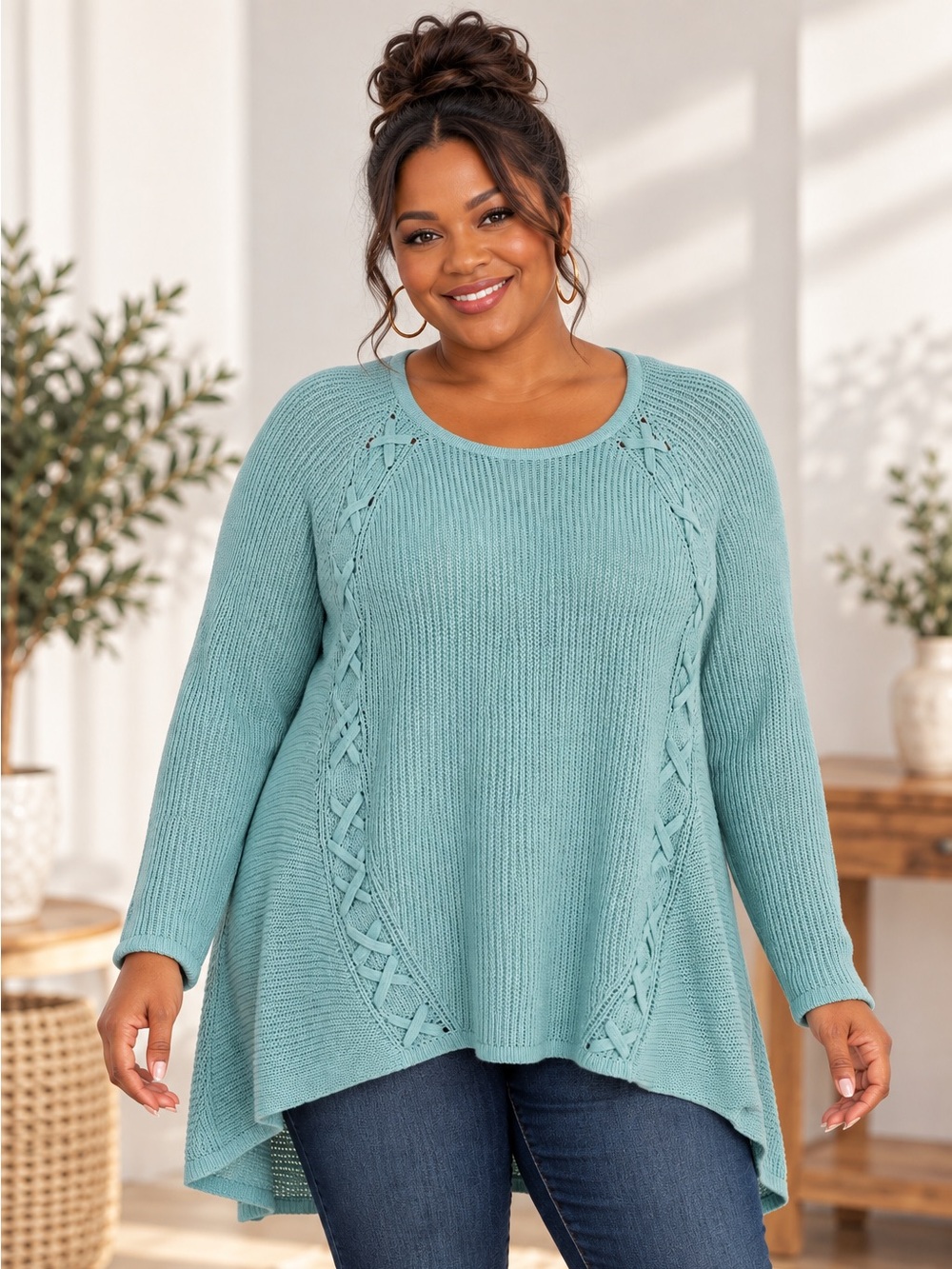 a.n.a A New Approach Sweater Size XL Light Teal Cable-Detail Scoop Neck NWT